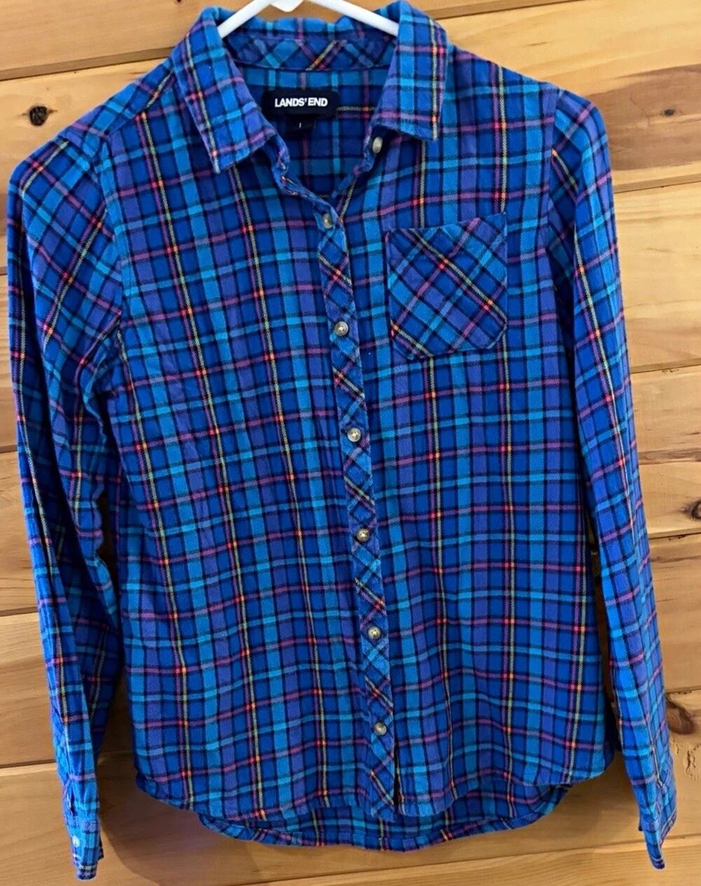 Lands' End Girl Sz L Button Up Shirt Blue Plaid Flannel Cotton Cabincore Granola